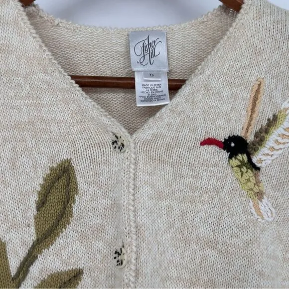 Hummingbird and Flower Button Down‎ Cardigan Sweater Button Front Floral Small Pink - Image 3