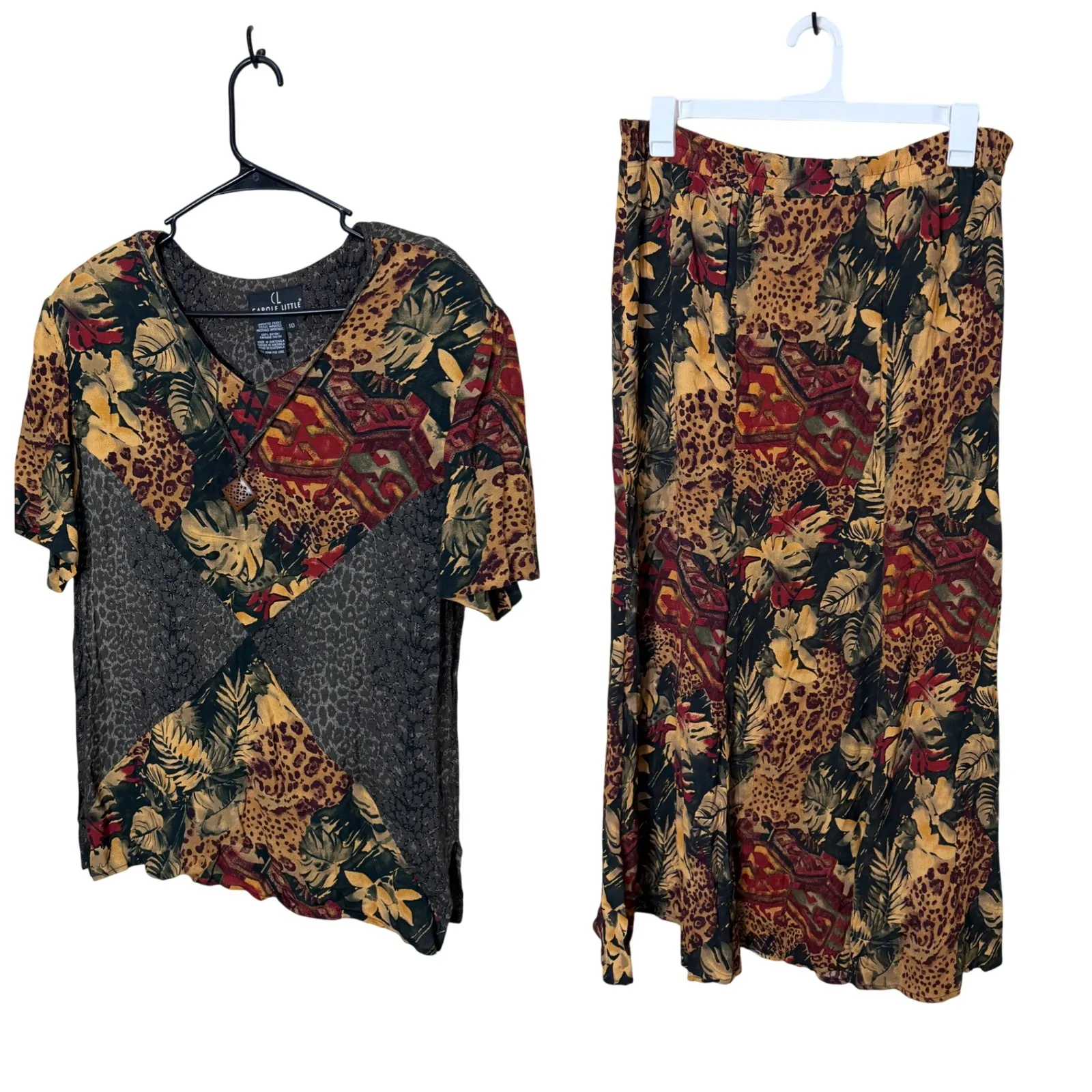 Carole Little Women's 10 Two Piece Set Top Skirt Tropical Leopard Print Rayon Brown - Image 2