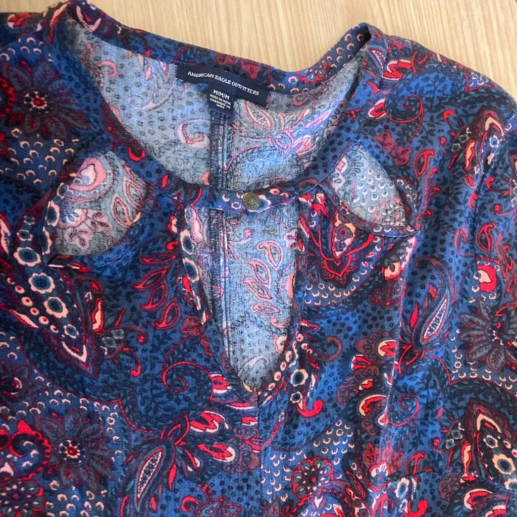 American Eagle Paisley Print Dress Medium Blue and Red Long Sleeve Short July 4 - Image 2