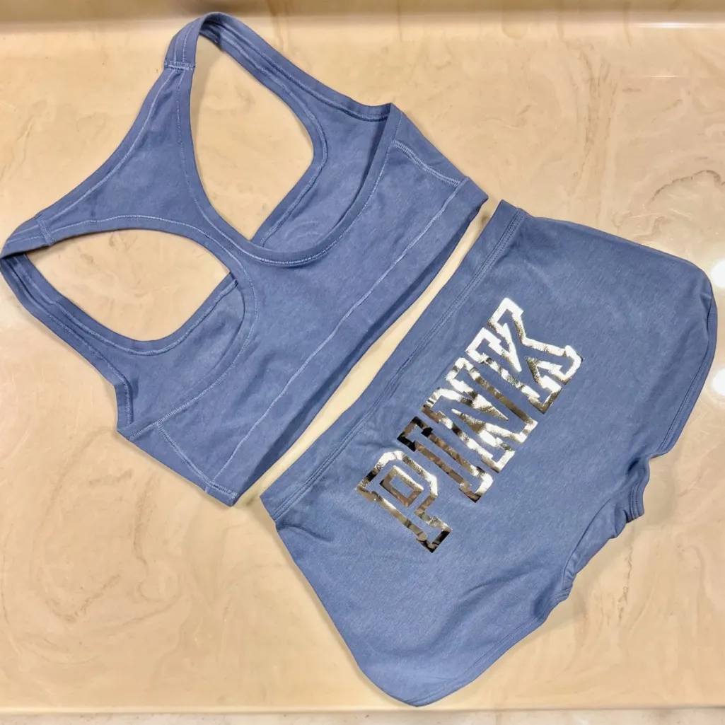 🔥PINK VICTORIA’S SECRET Cotton Dorm Bling Bralette & Boyshorts Dusty Iris MEDIUM - Image 5