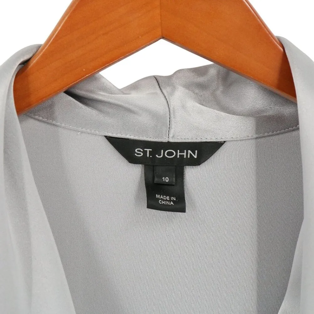 St. John Liquid Satin Silver Gray Tie Neck Sleeveless Button Front Blouse Top 10 - Image 3