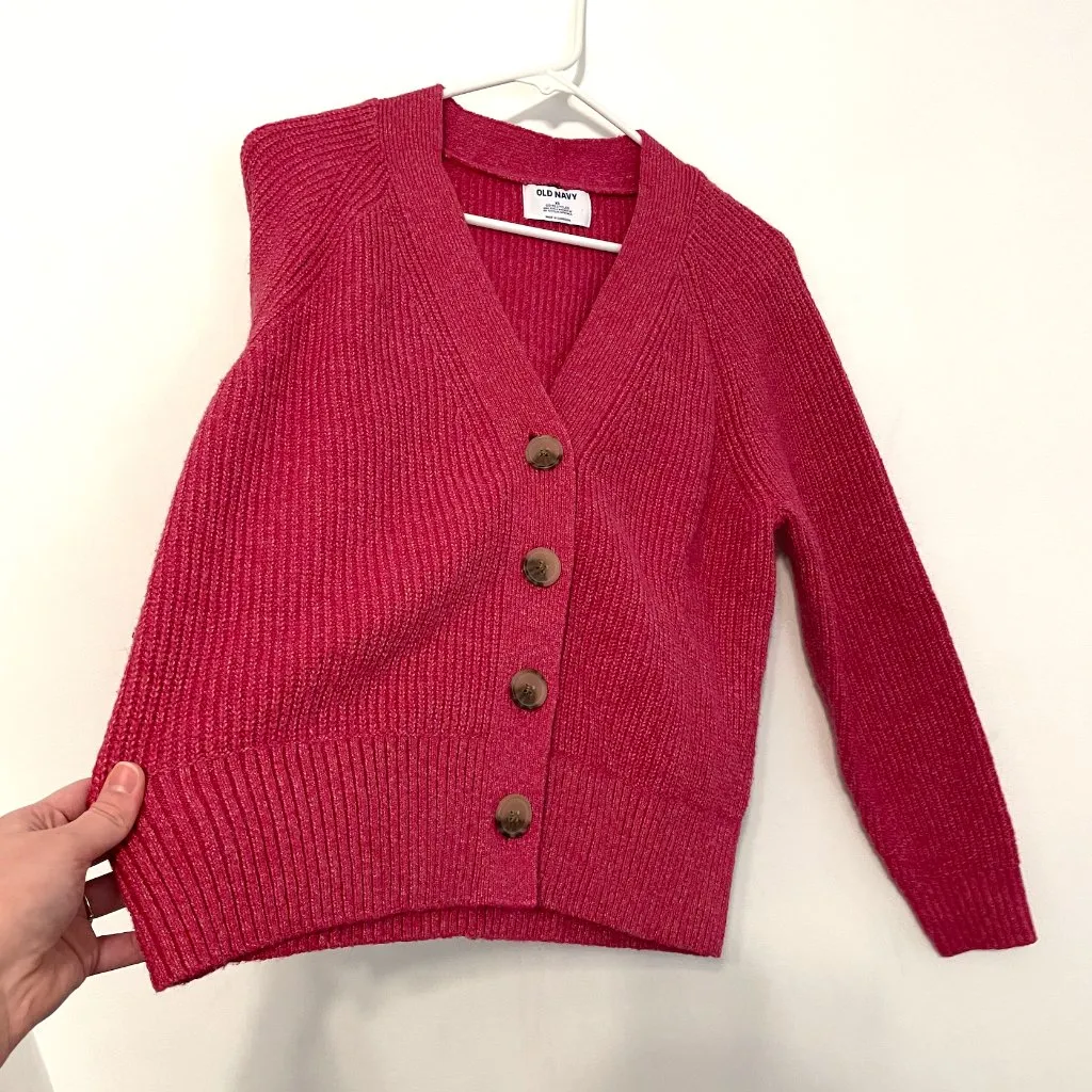 OLD NAVY Shaker Stitch Cardigan Sweater Magenta / Berry Pink Relaxed Fit Sweater - Image 11