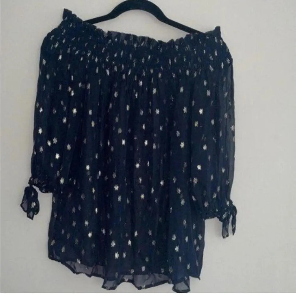 Beach Riot Virgo Navy Blue Gold Metallic Printed Sheer Blouse 100% Silk - Image 2