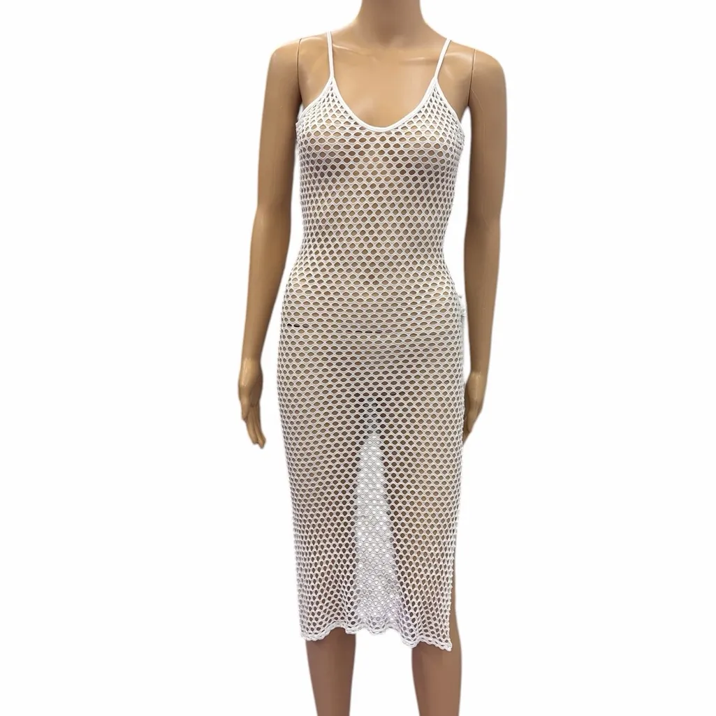 Aquavita White Open Mesh Net Midi Slit Coverup Dress Womens Small - Image 4