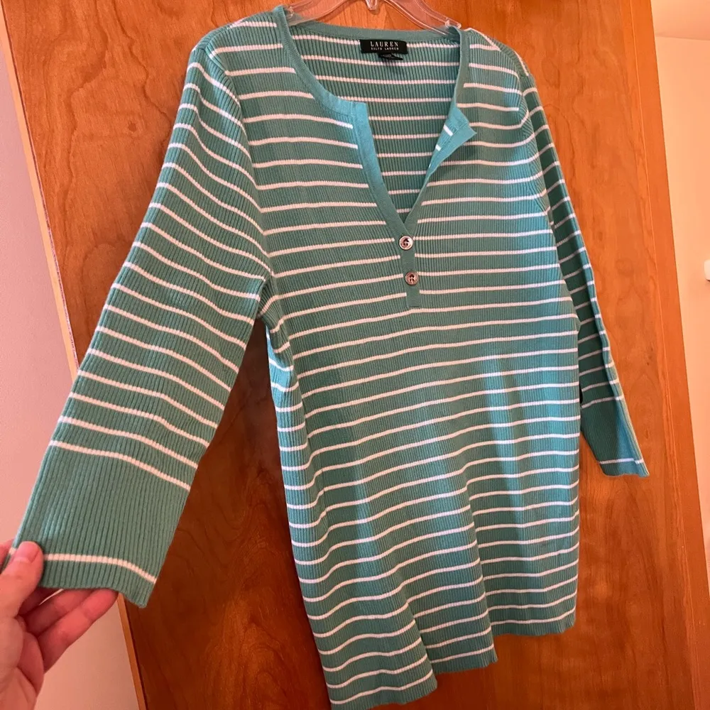 Lauren Ralph Lauren Sweater Top Henley Buttons Striped Shirt Aquamarine NWT 1X - Image 6