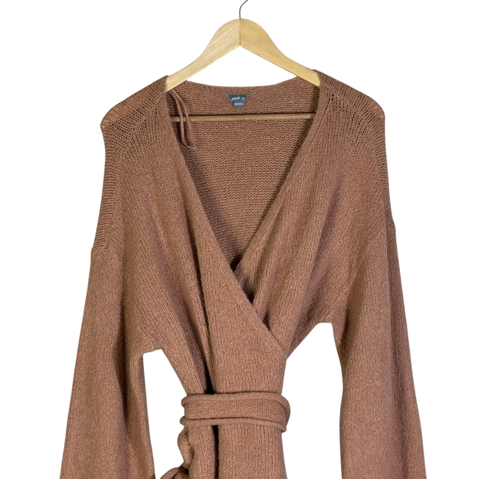 Aerie Brown Knit Wrap Sweater Dress Belted Bell Sleeve Cozy Lounge Size L - Image 2
