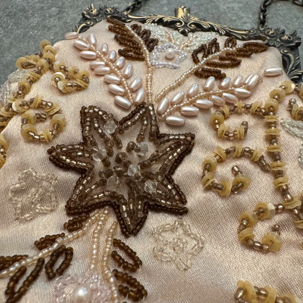 Small Vintage Beaded Embroidered Satin Evening Bag Brown - Image 2