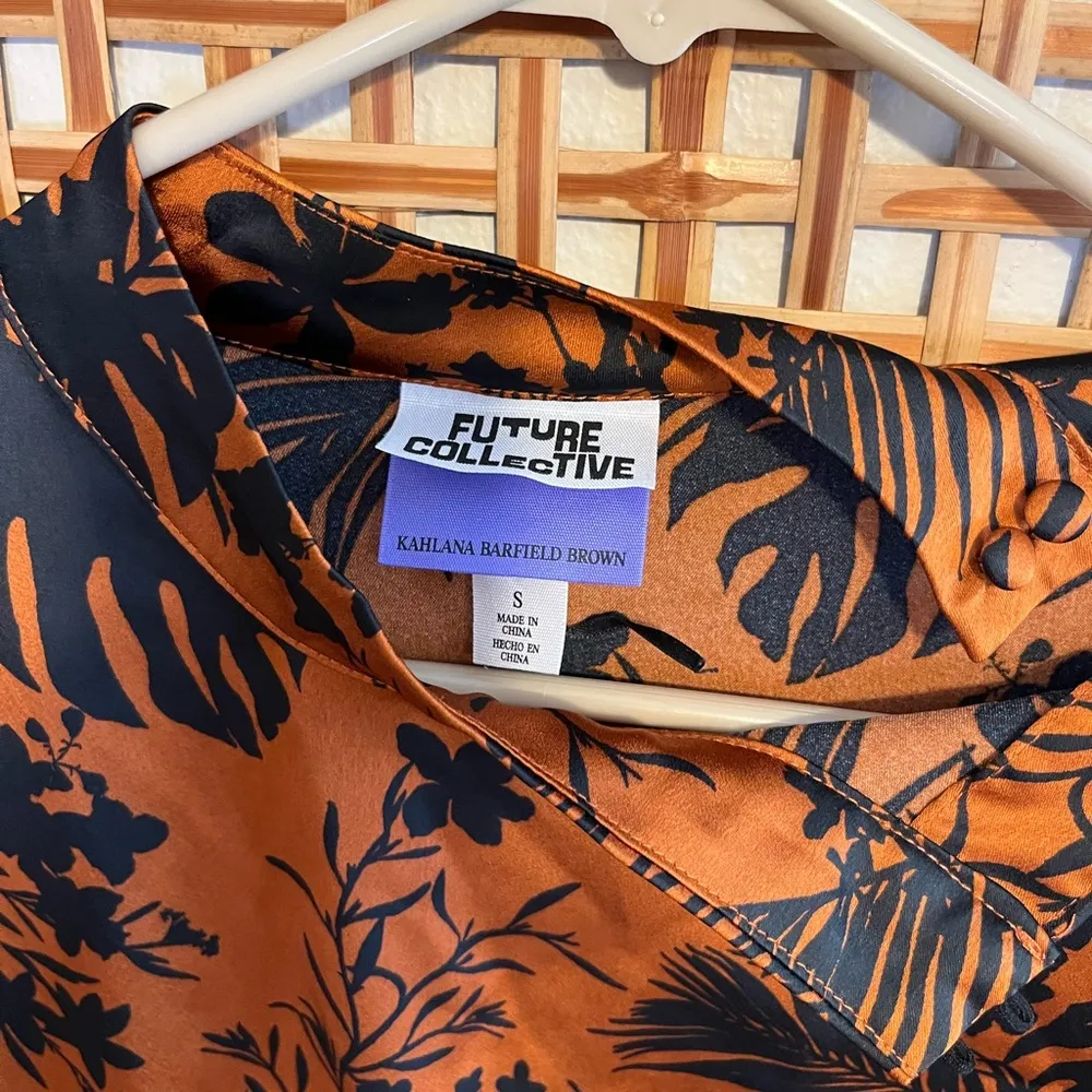 Future Collective Brown Black Floral Button Mock Neck Asymmetrical Midi Dress S - Image 6