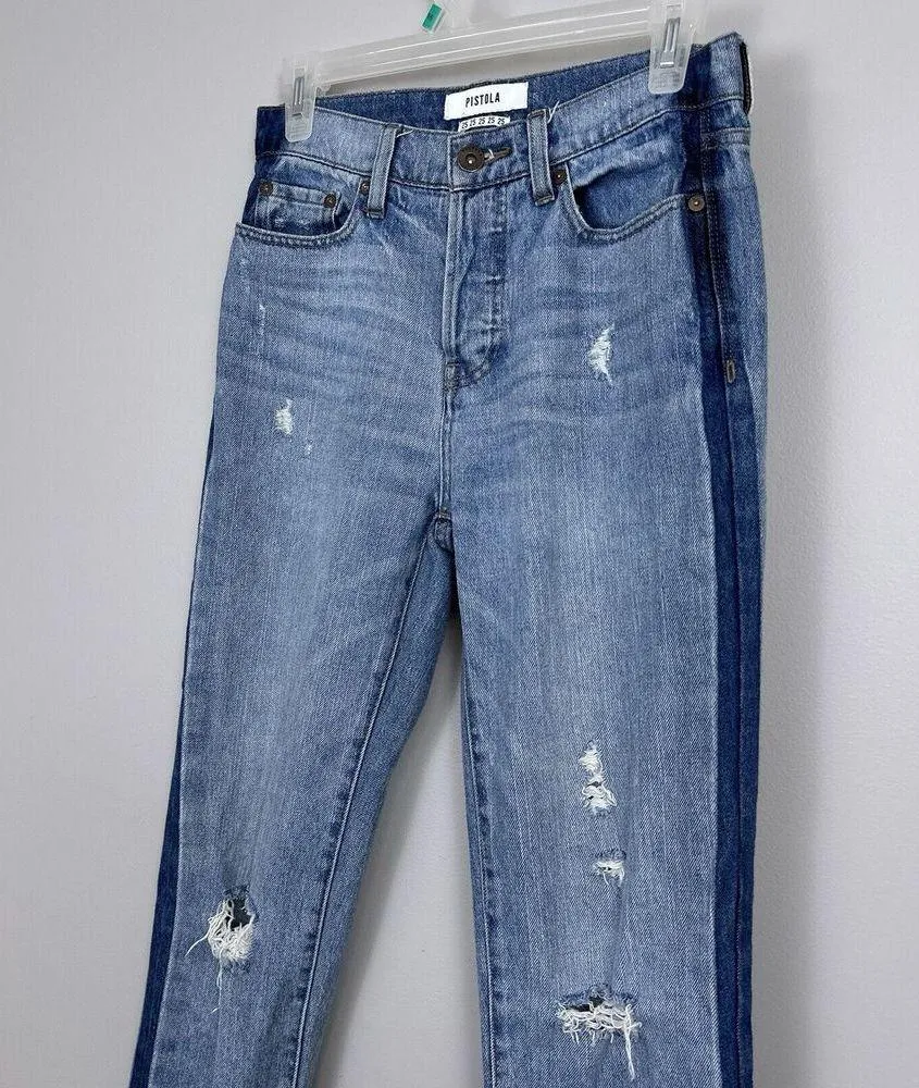 Pistola Charlie High Rise Straight Leg Jeans Size 25 Raw Hem Tonal Tuxedo Stripe - Image 2