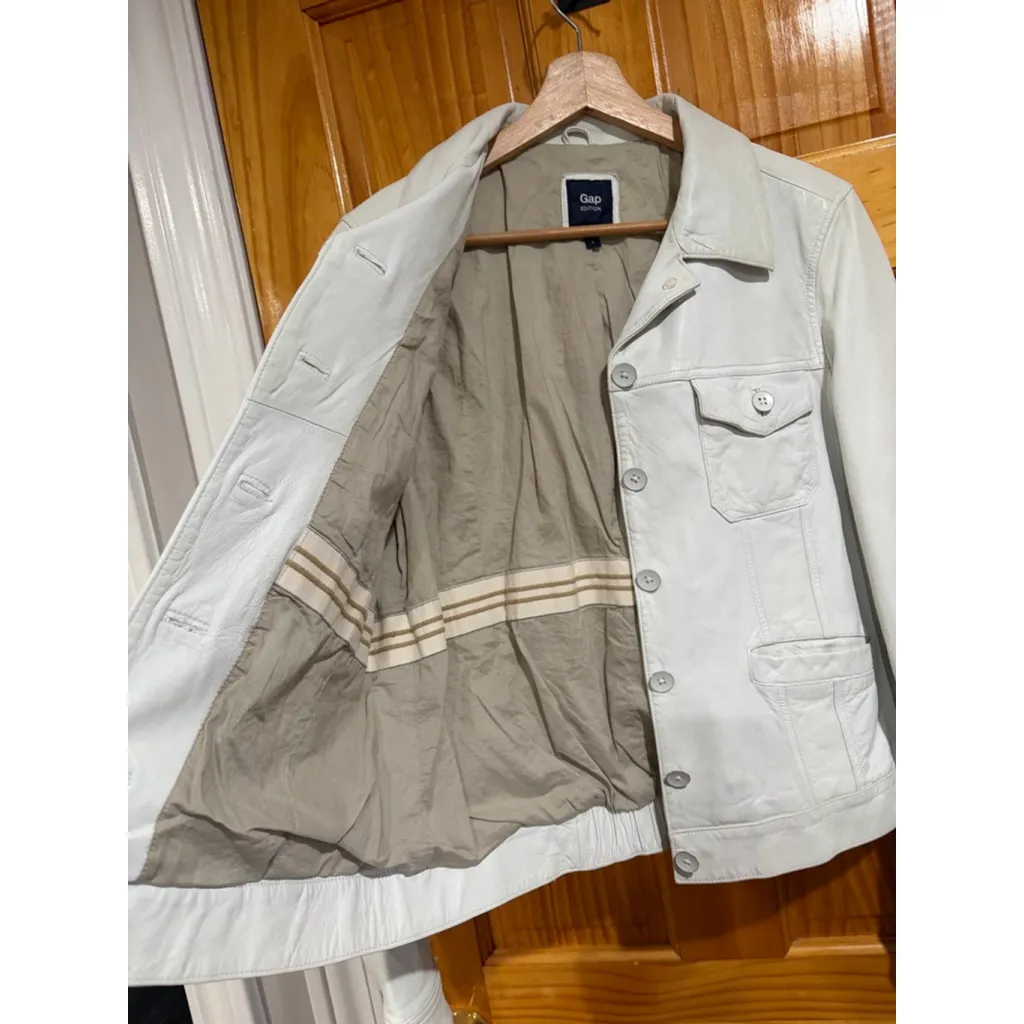 GAP Edition White Genuine Leather Jacket Moto Trucker Coat L Women’s - Image 12