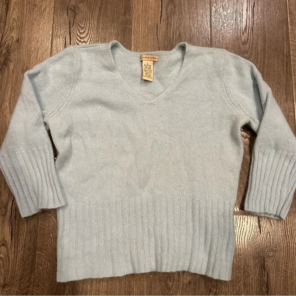 Apostrophe Womens Sweater Angora Rabbit Fur Blue V Neck Large Petite Soft Fuzzy - Image 3