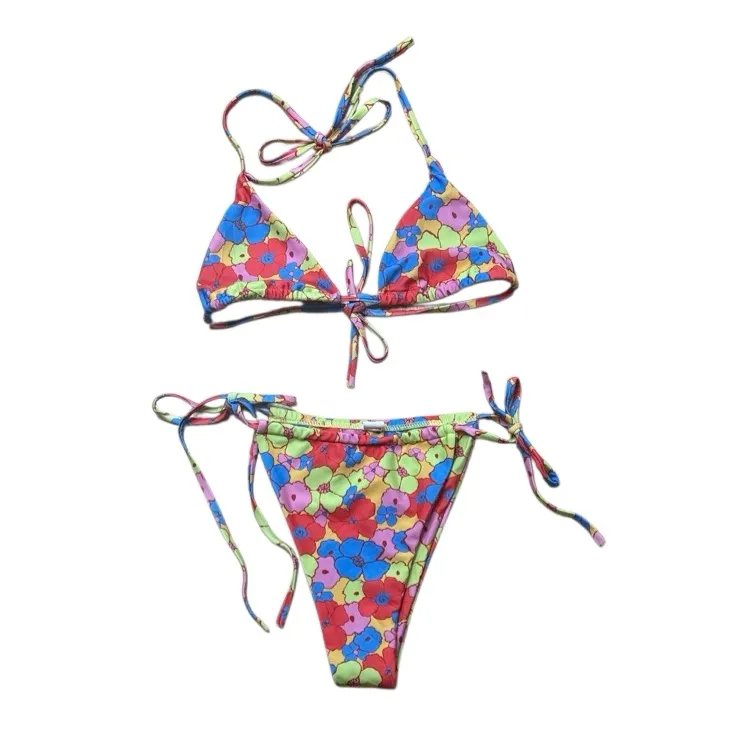 Triangle Cheeky Bright Floral Print Bikini Large Multicolor - Image 3