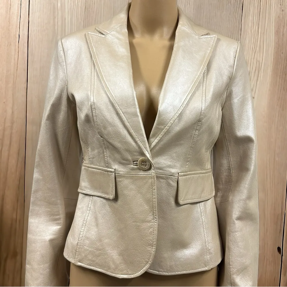 Genuine Leather Champagne Beige One Button Blazer Style Jacket Faux Pocket XS - Image 16