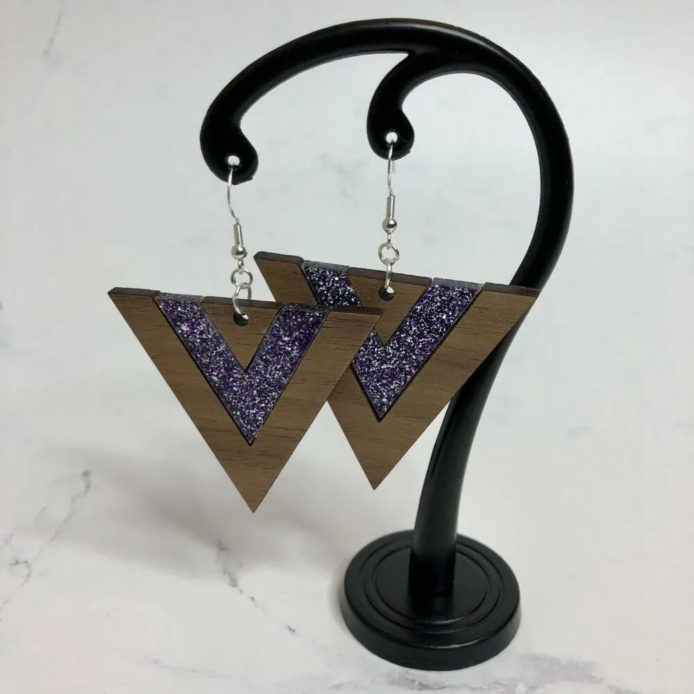Handmade Purple Glitter Walnut Triangle Dangle Earrings - Image 5