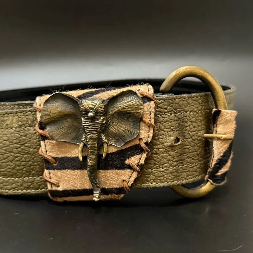 Vintage 80s R.J. GRAZIANO Olive Leather Elephant Buckle Wide Waist Belt Size M Green Size M - Image 6