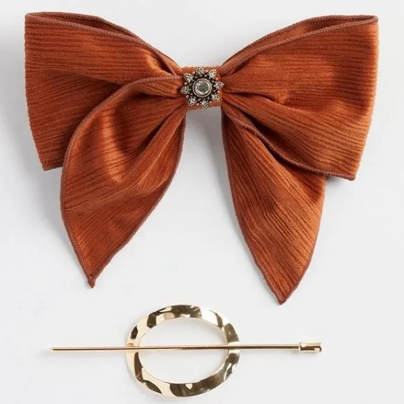 Torrid Fall Autumn Brown Bow Barrette & Gold Hammered Hair Pin Accessory Set - Image 9