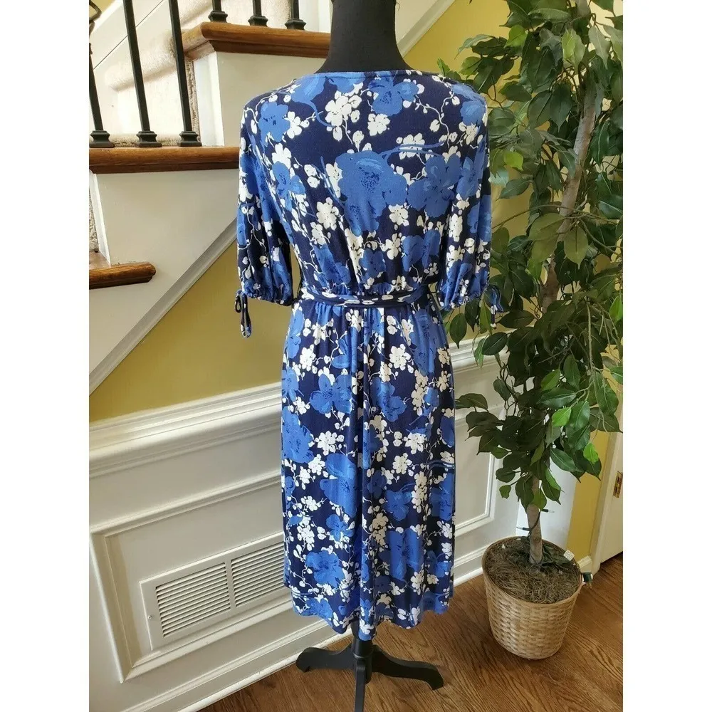 MERONA Dress M Blue Floral Stretch Faux Wrap - Image 6