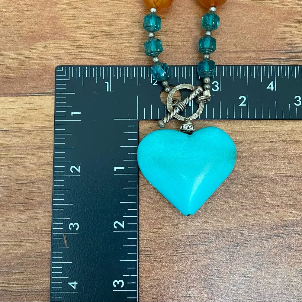 Handmade Agate Stone Crystal Faux Turquoise Heart Pendant Toggle Chunky Necklace - Image 12