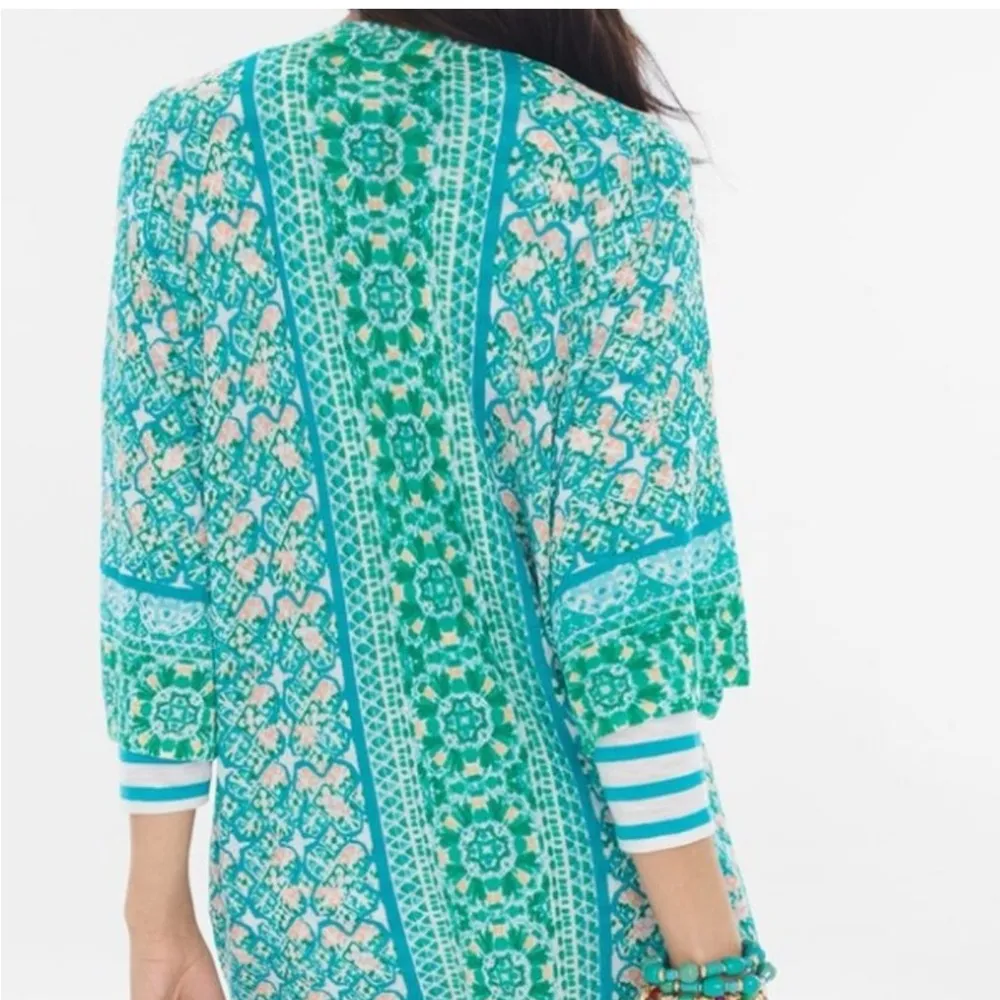 Chico’s Elbow Bell Sleeve Teal & Peach Tile Print Open Front Sweater Cardigan L - Image 2