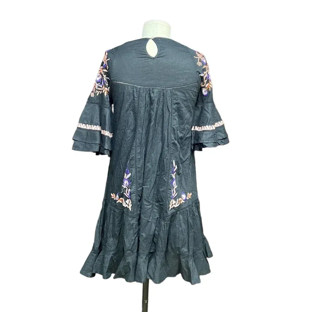 Free People Pavlo Embroidered Smock Dress Black Purple Floral‎ Size XS - Image 9