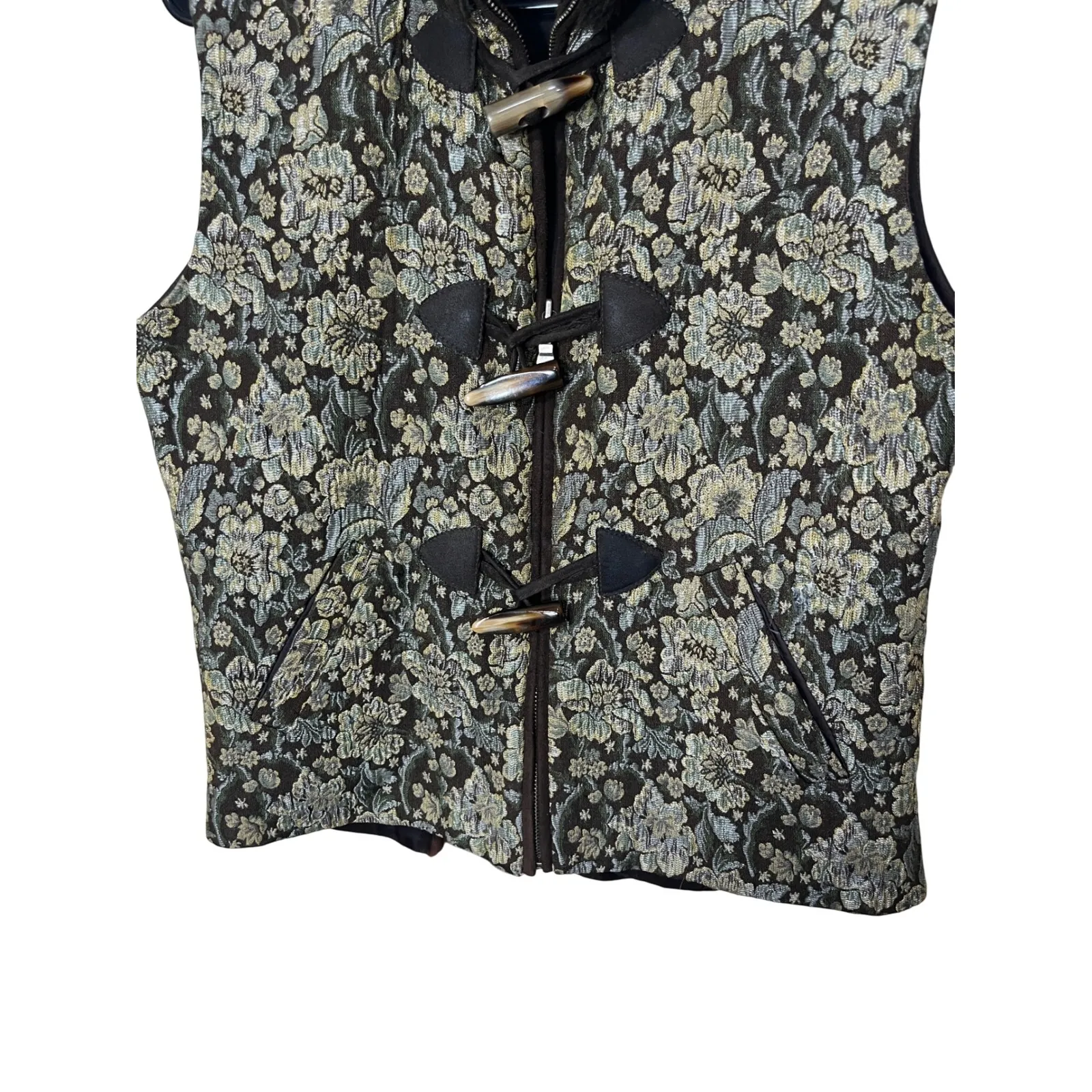 Vintage Baxis & Baxis Floral‎ Tapestry Vest Faux Fur Collar Toggle Closure Small Brown - Image 3
