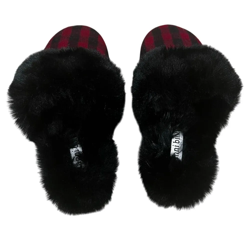 Gianni Bini Faux Fur Size US 9 slippers  house shoes fuzzy plaid buffalo plaid - Image 5
