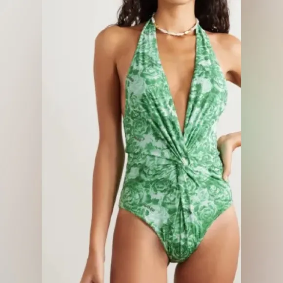 Ganni Green Floral Halter V-neck One Piece Swimsuit - Image 2