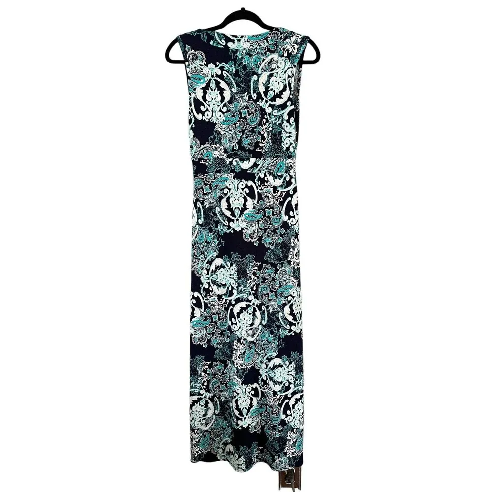Susan Lawrence Navy Blue Slinky Green Paisley Print Stretchy Maxi Dress Sz Small - Image 3