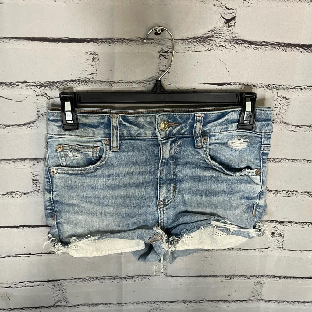 American Eagle Blue Jean Shorts Distressed Frayed Hem SZ 2 Biker High Waist Y2K - Image 5