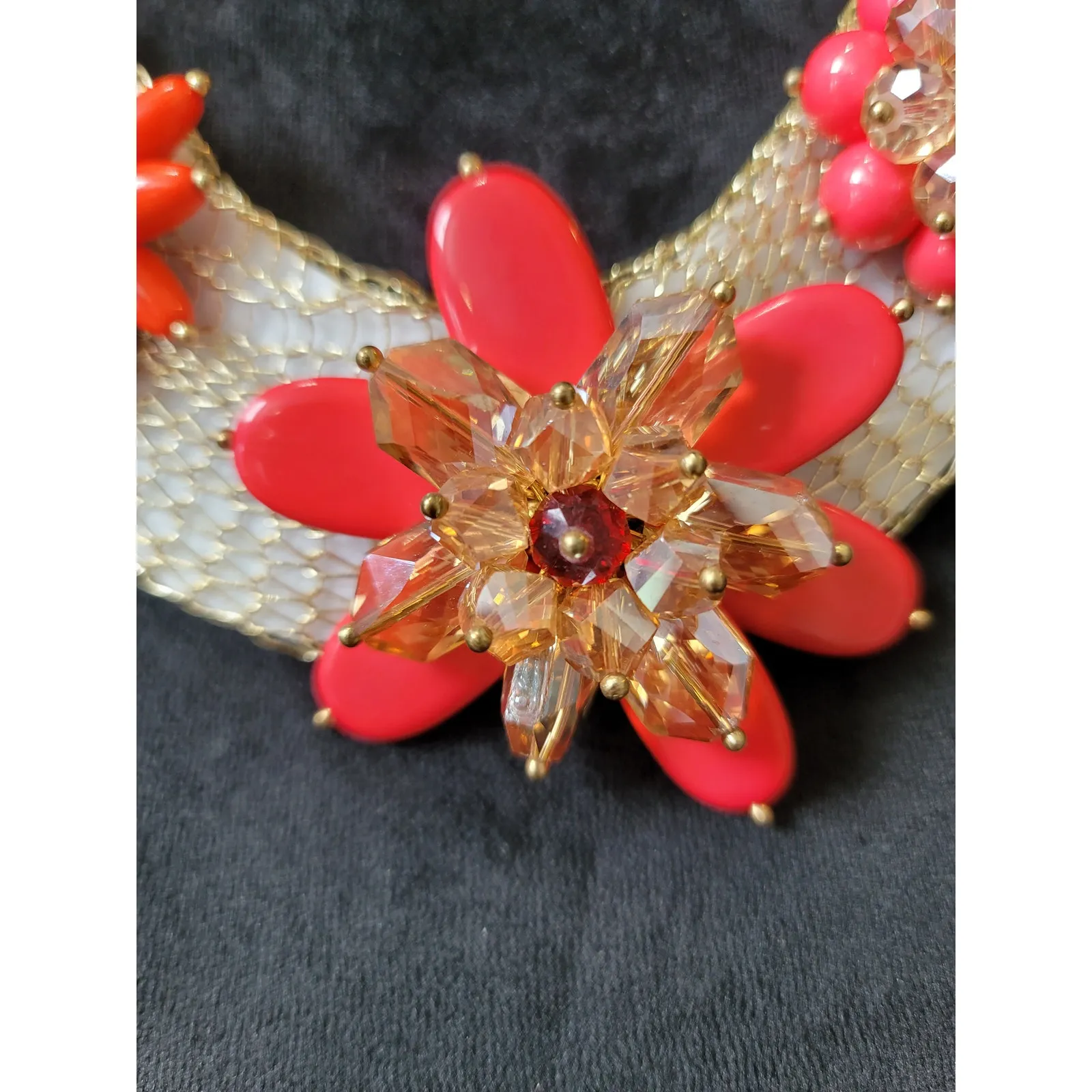 Women's Coral Floral Necklace and Earring Set with Gold Chain and Flower Accents Red - Image 4