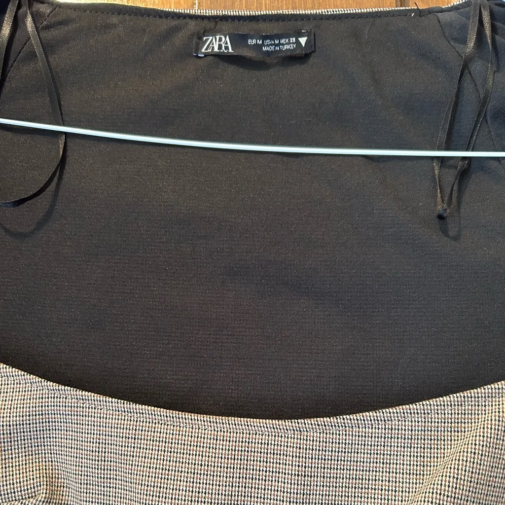 Zara Women's Plaid Brown Dress Long Sleeve Short Square Neck Zip Size Medium - Image 4