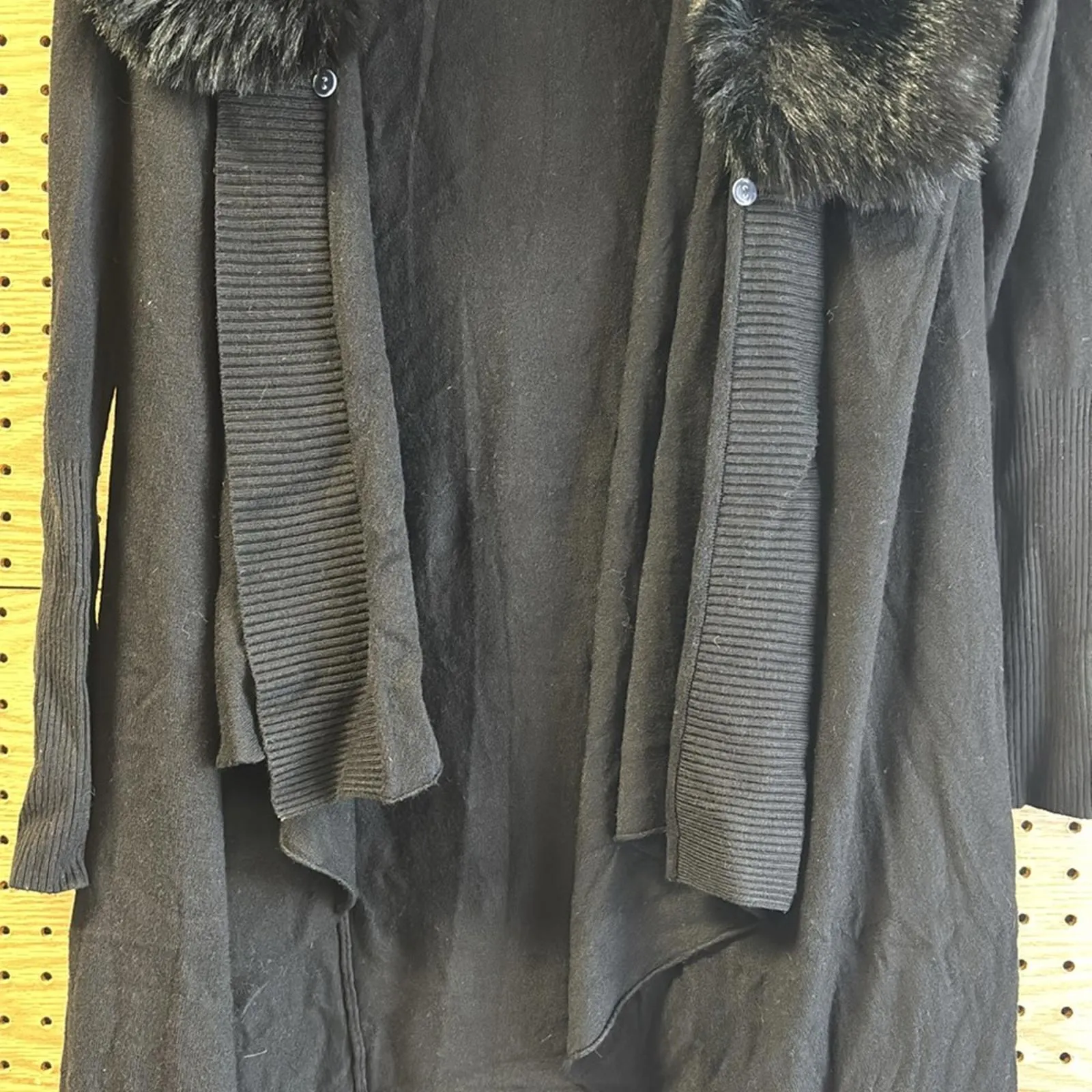 Black Open Front Cascading Removable Faux Fur Collar Sweater Cardigan Minimal Size M - Image 4