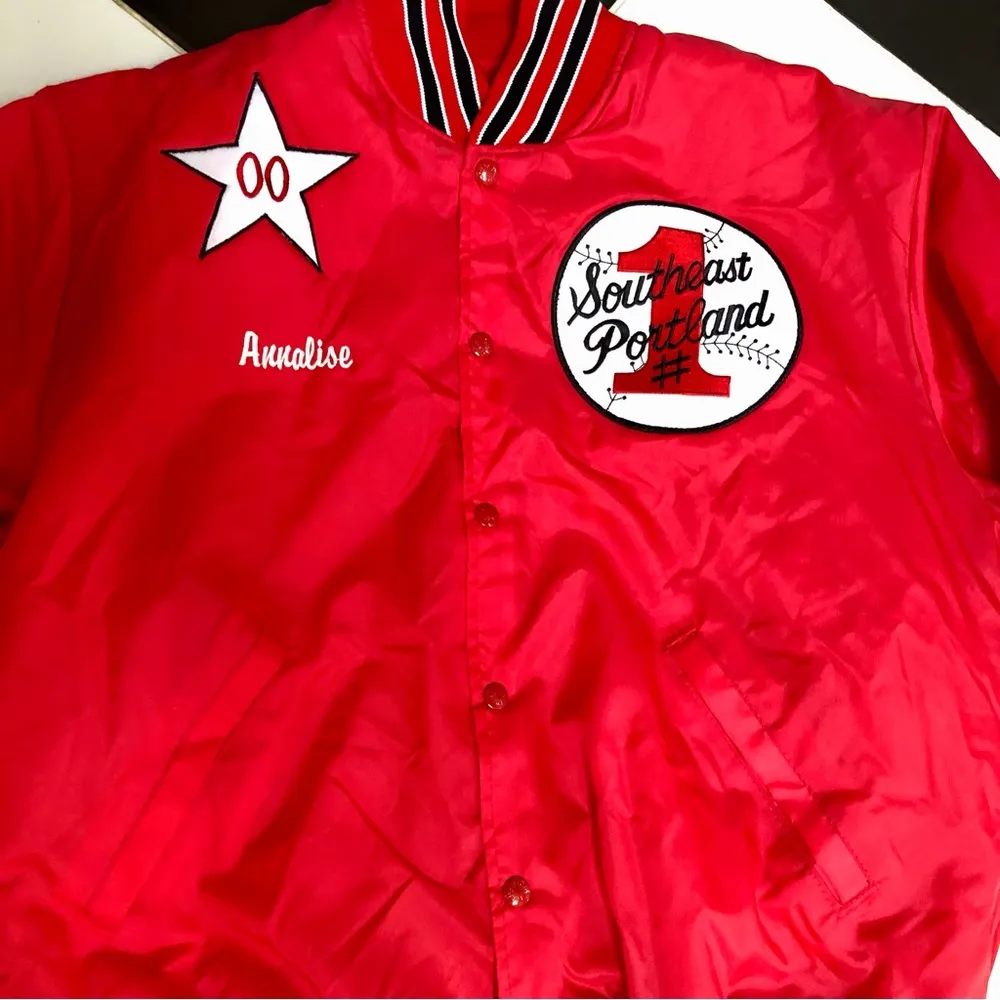 Vintage 70s 80s Bright Red Birdie Satin Varsity Jacket Bomber Portland Softball Size L - Image 3