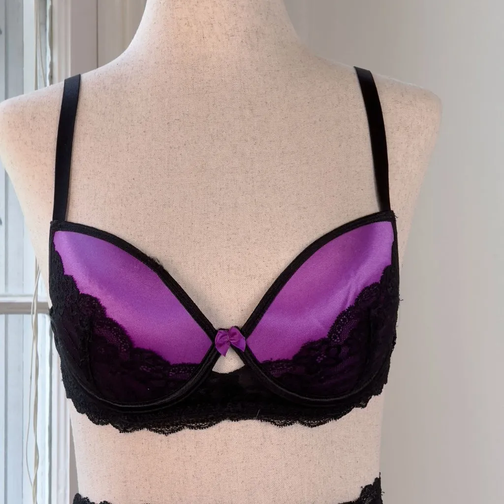 Escante Purple and Black Lace Lingerie Set Push Up Bra Garter Belt Medium Sexy - Image 2