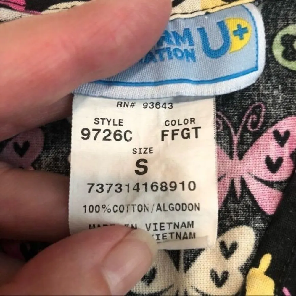 Ladies Scrub Top Size Small Butterflies Black Pink Yellow Uniform Destination - Image 3