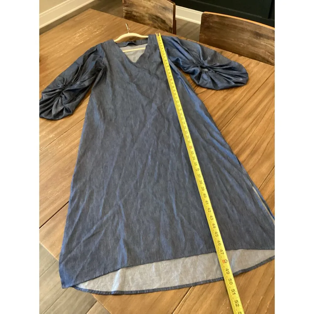 Padova Colombia kaftan denim jean balloon sleeve v neck boho resort Midi dress 6 Blue - Image 4