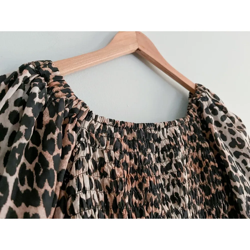Ganni | Smocked Leopard Print Puff Sleeve Silk Blend Dress |  EU 34 / US 4 - Image 8