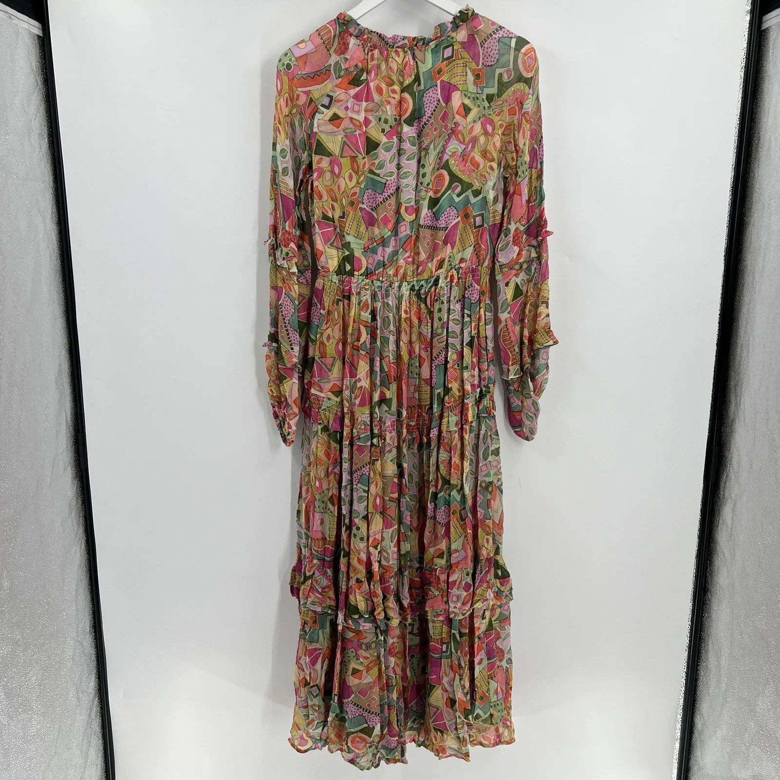 Tolani Collection Sherah Maxi Dress Tropical Long Sleeves Button Smocked Size XS - Image 5