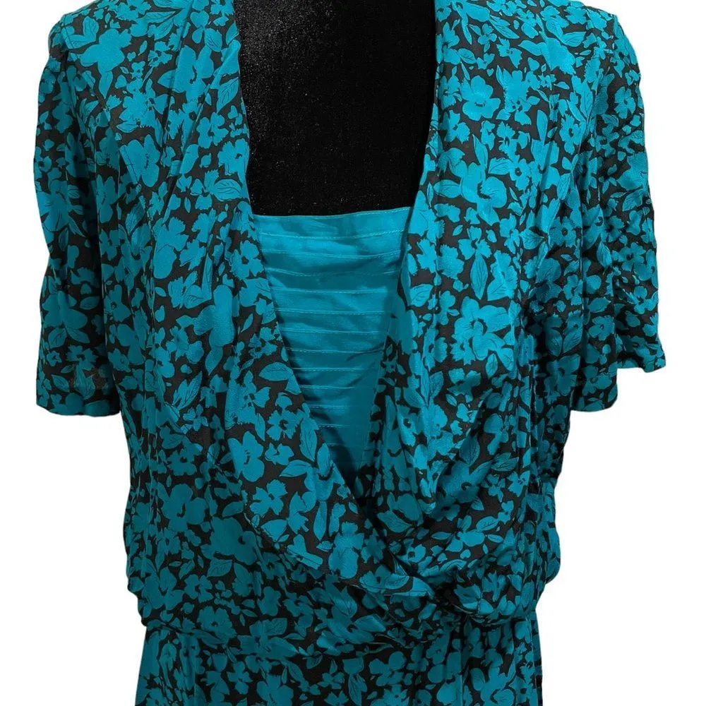 Secrets Vintage 80s Teal Black Floral Sultry Wrap Style Blouson Maxi Dress Size 8 - Image 2