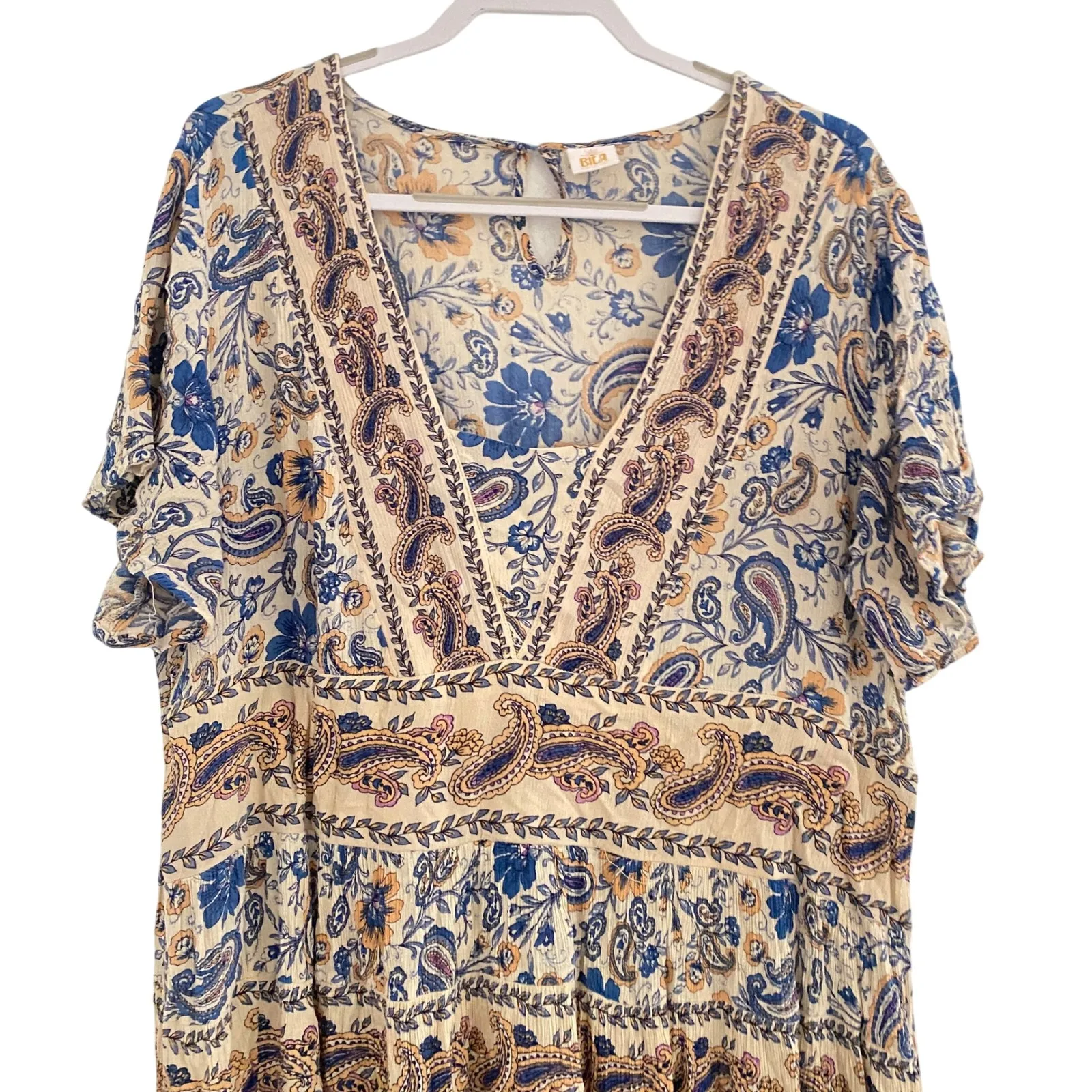 BILA Women's XL Midi Multicolor Boho Paisley Tiered Sundress Casual Beachy Dress Blue - Image 2