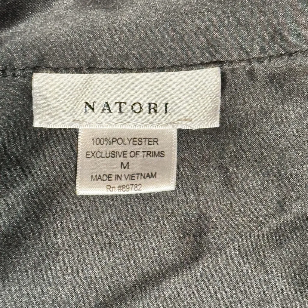 Natori Black Satin Pajama Set Button Down Long Sleeve/Pants White Piping Medium - Image 7