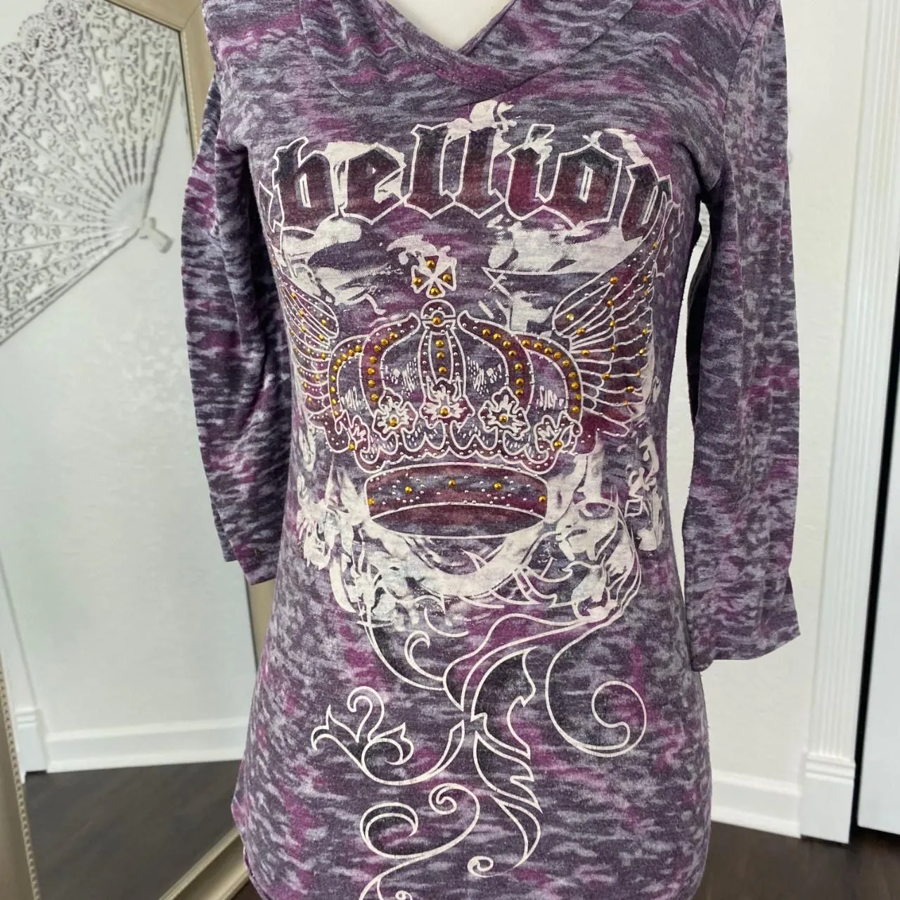 Early 2000's Grunge Tattoo Graphic Studded Gray Purple Grunge 3/4 Sleeve Top M Size M - Image 2