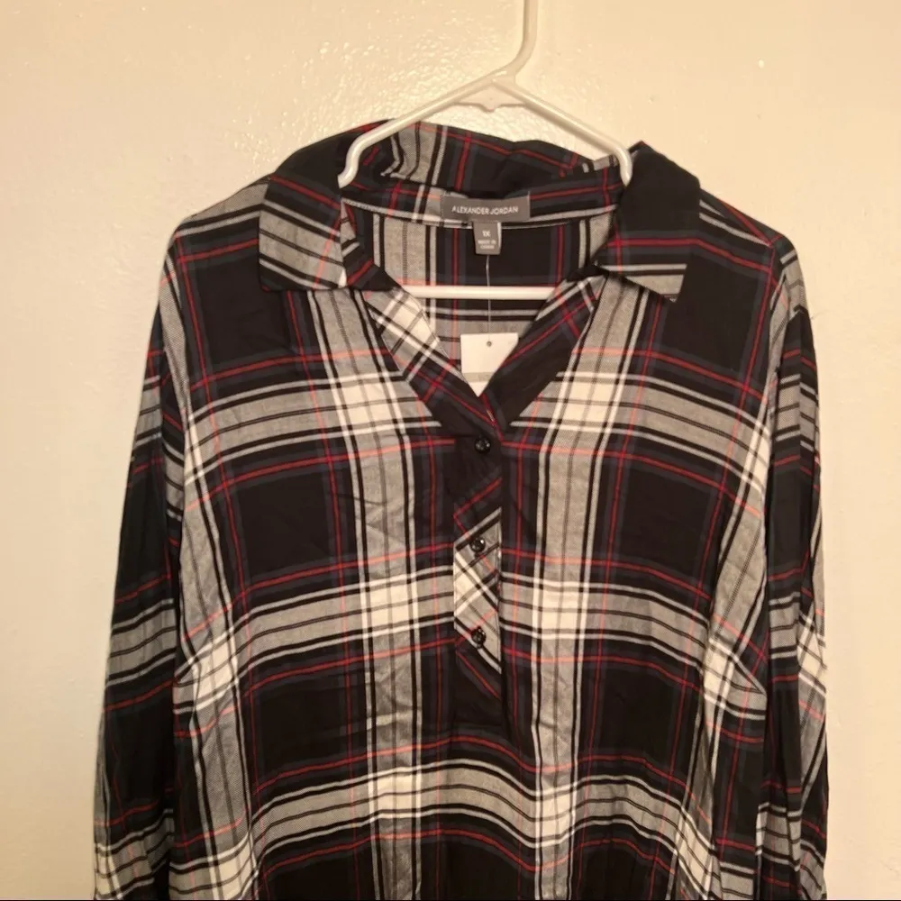 Alexander Jordan Half Button Plaid Shirt Black Green Size 1X - Image 3