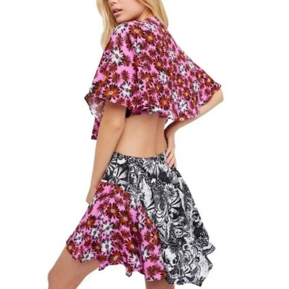 Free People Mini Dress Cut Out Foral Printed V Neck Sz S Boho Hawaii Tropical - Image 2