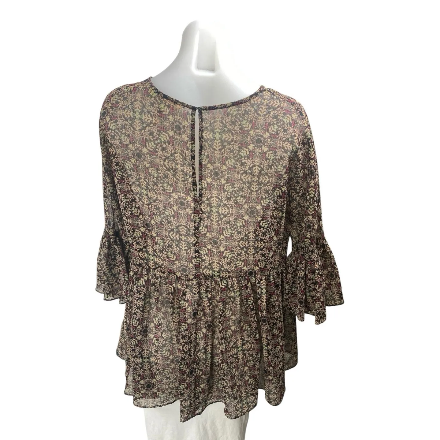 BCBGeneration Women's Brown Floral Flared Bell Sleeve Peplum Sheer Blouse Top S - Image 2
