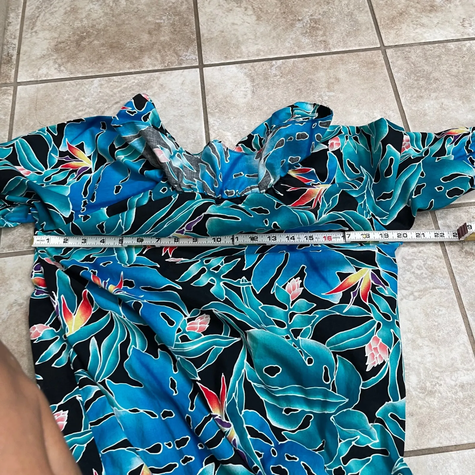 Hilo Hattie Hawaiian Maxi Dress Turquoise Blue Floral Print Ruffle Sleeve Size S - Image 7