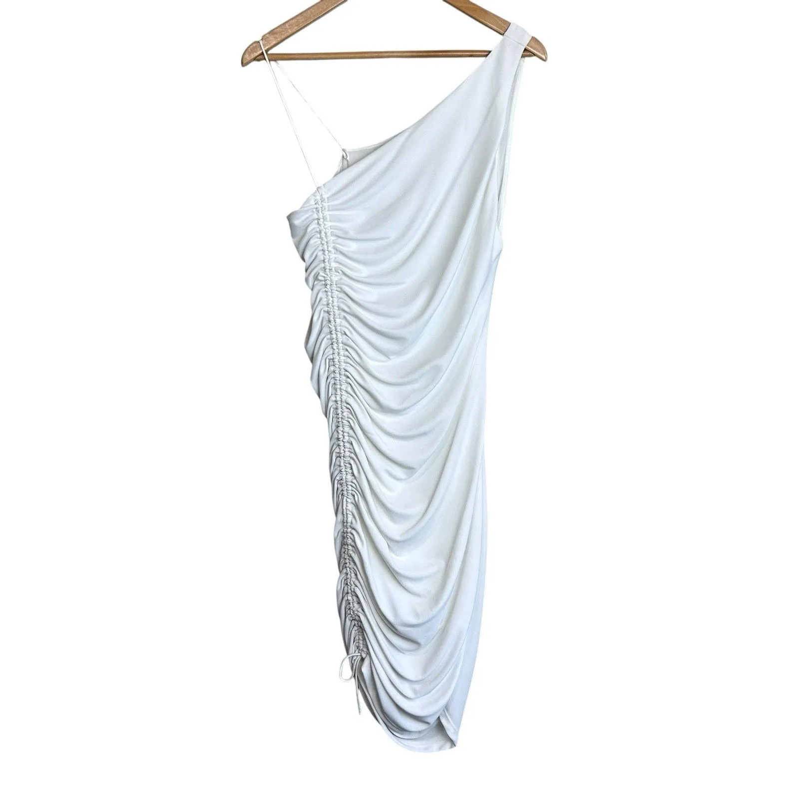 Alice + Olivia Dress Womens 12 White Midi One Shoulder Ruched Bodycon Cocktail - Image 2