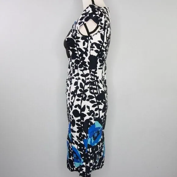 Vintage floral print black‎ white, square neck, bubble short sleeve sheath dress Black Size XXS - Image 6