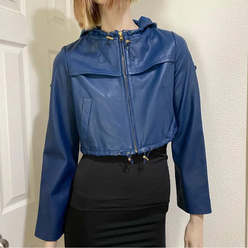 BCBGMaxAzria Blue Cropped Hooded 100% Leather Jacket Size XS - Image 3