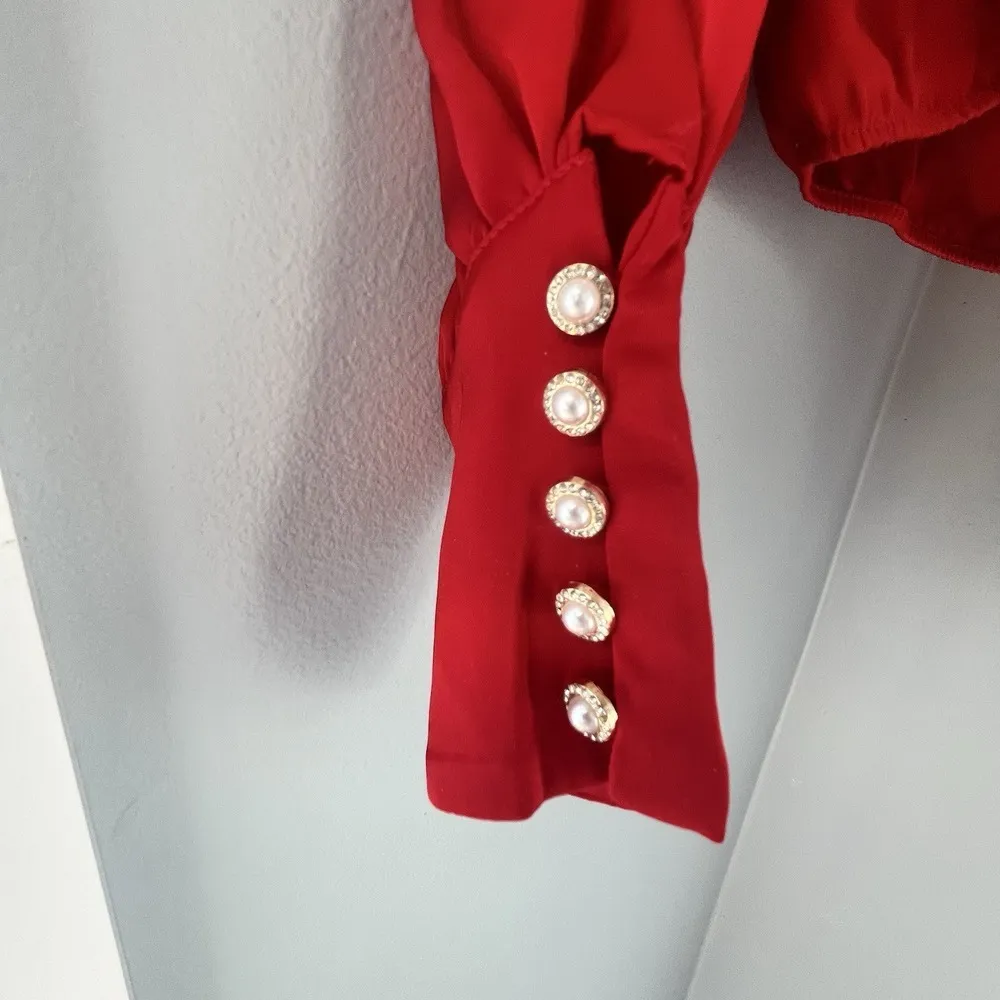 Catherine Maladrino Embellished Cuff Red Satin Wrap Top Size XS - Image 2